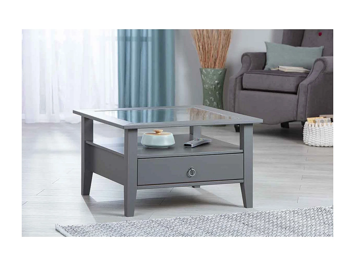 Table Basse 1 Tiroir en Bois "Istres" 75cm Gris