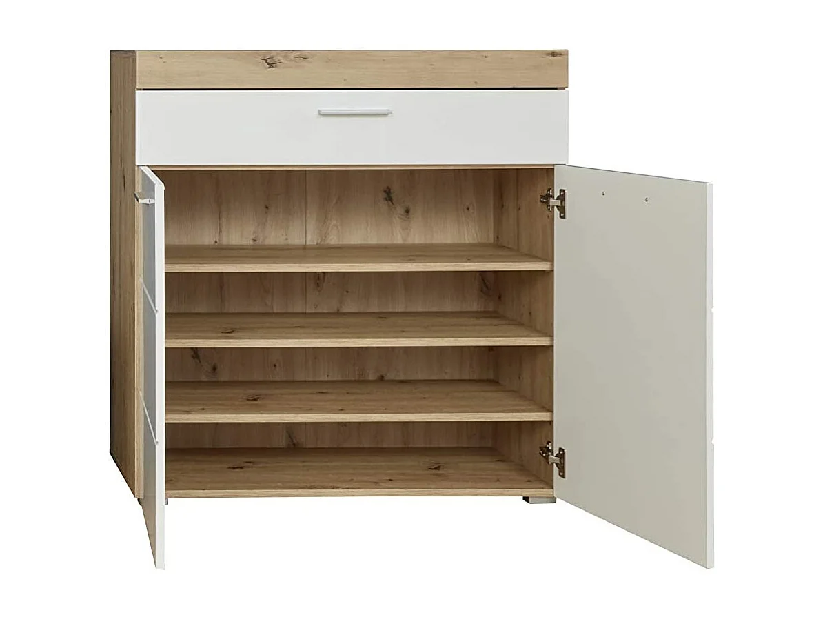 Meuble à chaussures 2 portes 1 tiroir laqué blanc et chêne clair Kelia