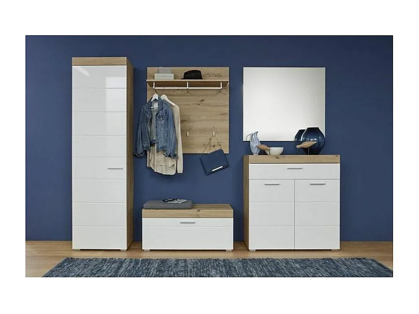 Meuble à chaussures 2 portes 1 tiroir laqué blanc et chêne clair Kelia