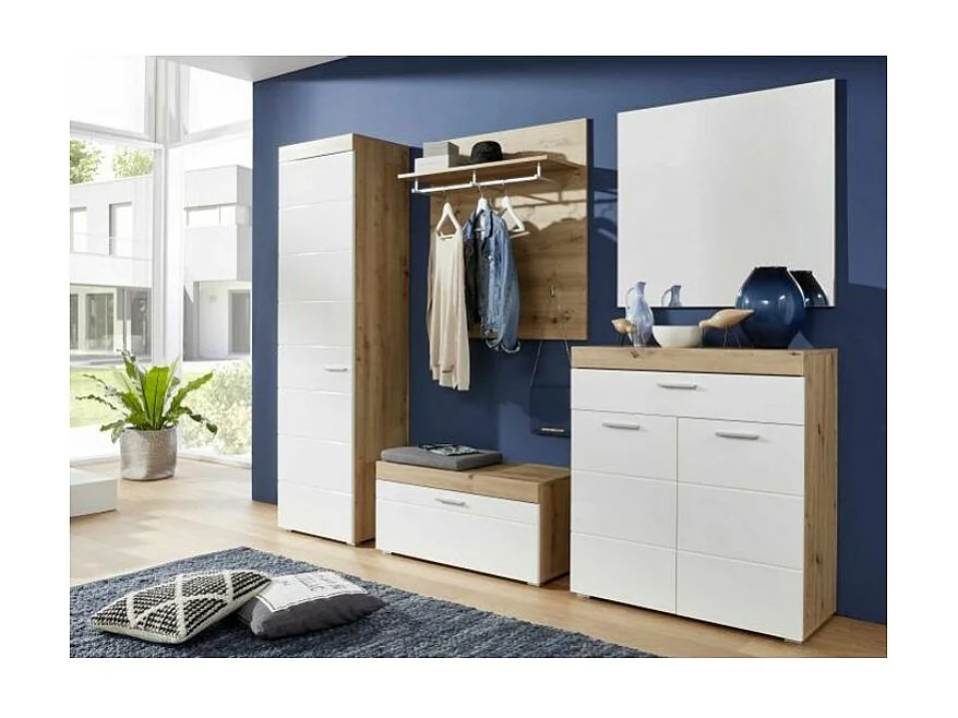 Meuble à chaussures 2 portes 1 tiroir laqué blanc et chêne clair Kelia