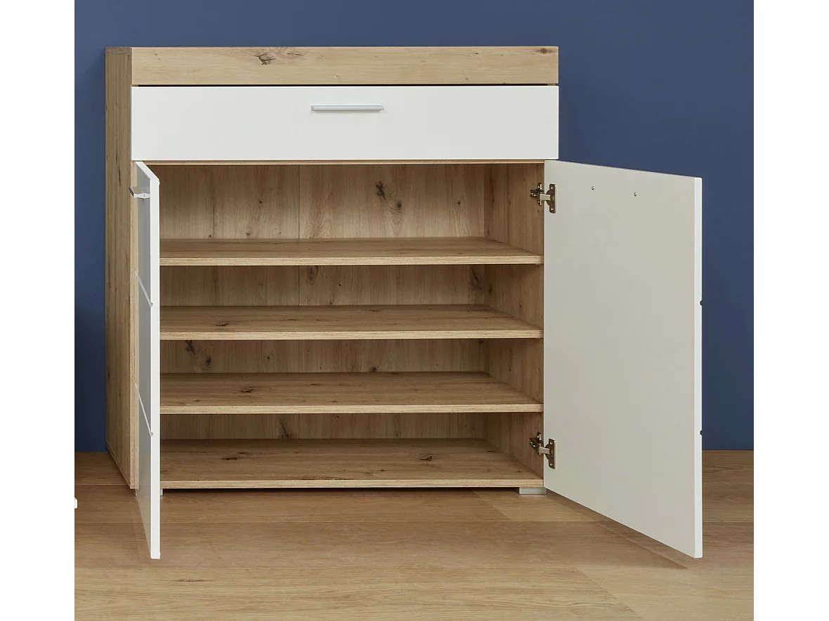 Meuble à chaussures 2 portes 1 tiroir laqué blanc et chêne clair Kelia