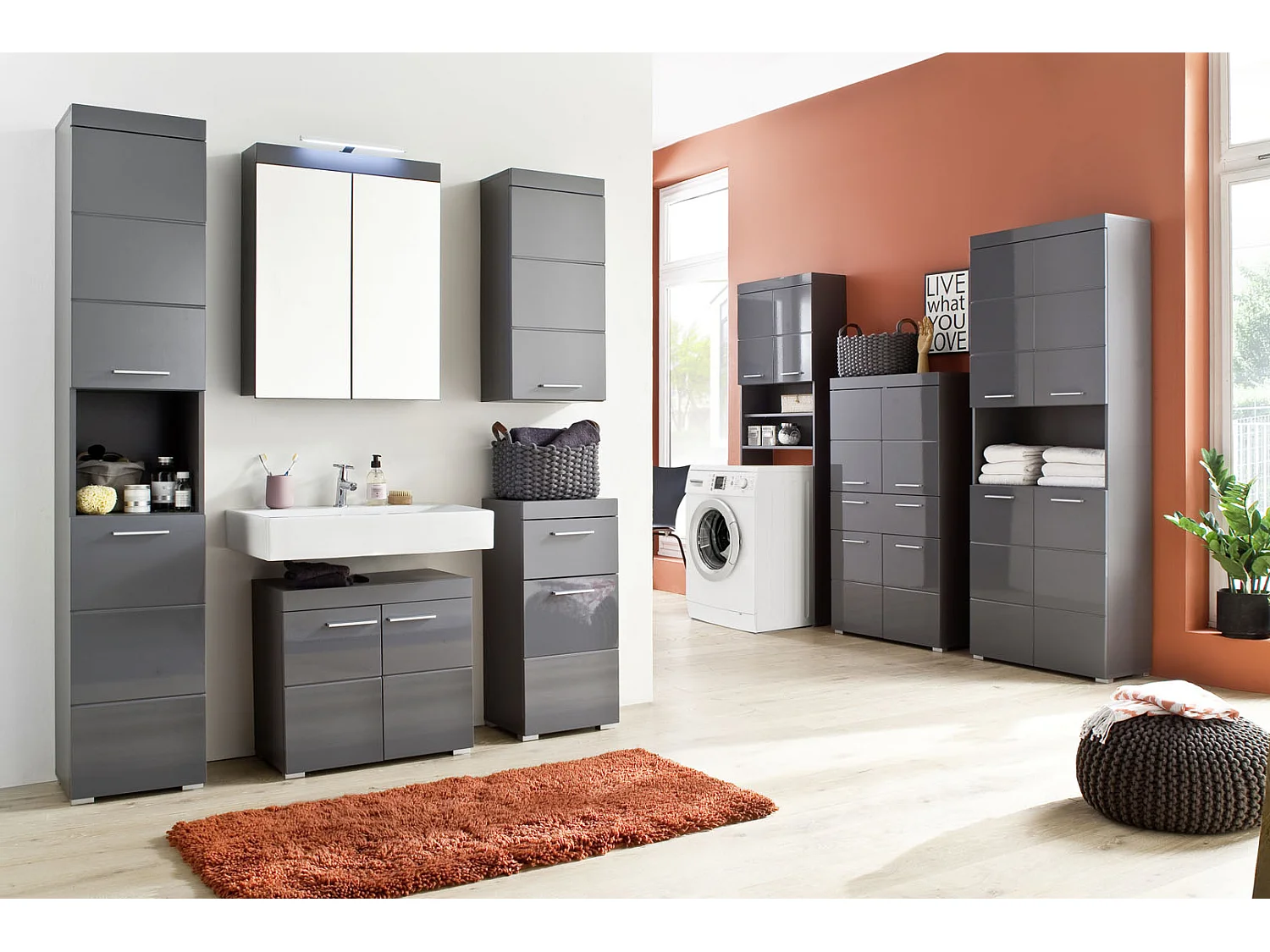 AmandaMandoBea Armoire haute 1 compartiment ouvert, 4 portes, gris, gris agave brillant.