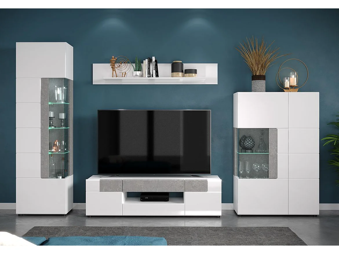 Vitrine 2 portes laqué blanc et gris clair ciment Tako 92cm