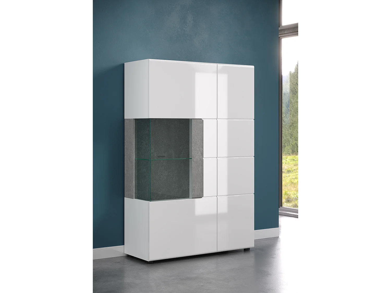Vitrine 2 portes laqué blanc et gris clair ciment Tako 92cm