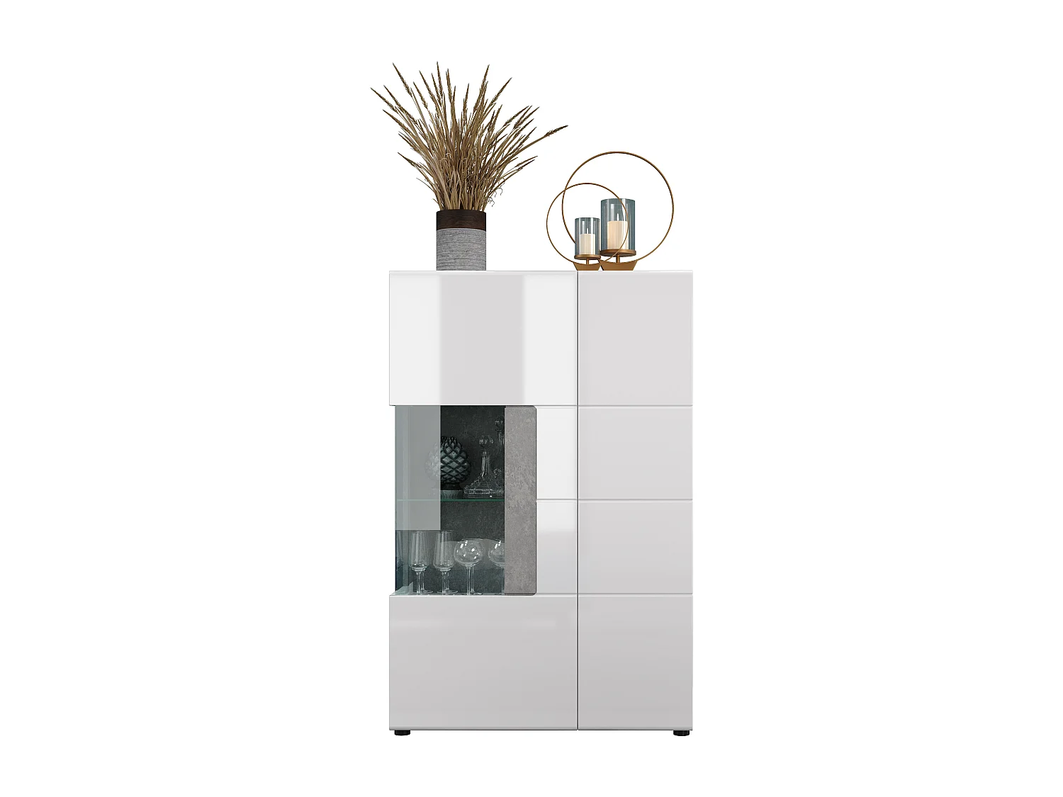 Vitrine 2 portes laqué blanc et gris clair ciment Tako 92cm
