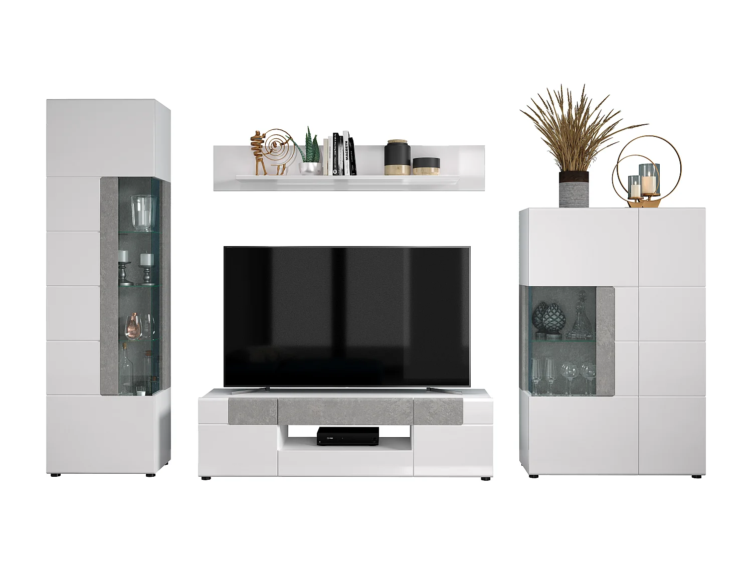 Vitrine 2 portes laqué blanc et gris clair ciment Tako 92cm