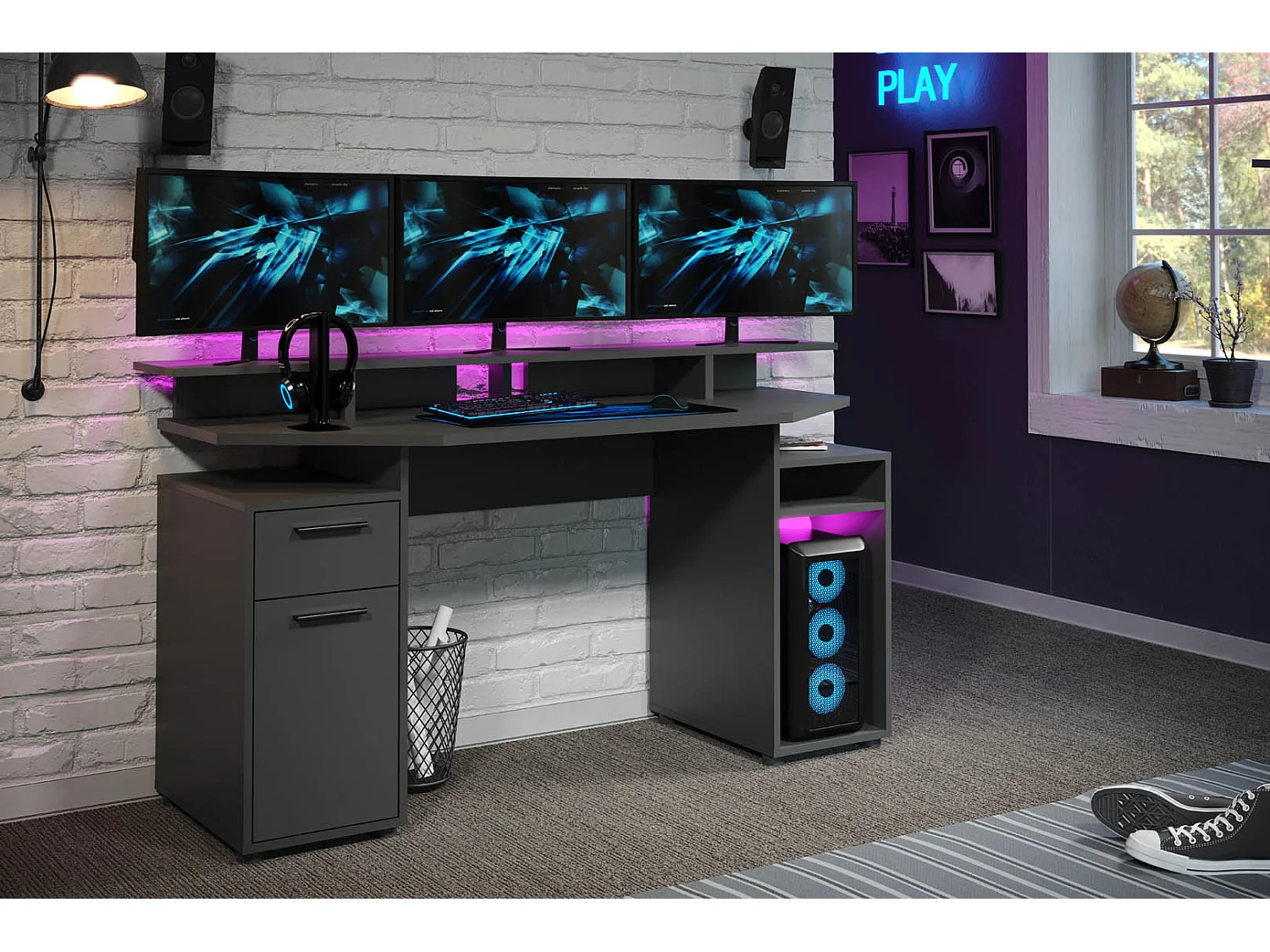 Commander bureau 1 deur, 1 lade, 2 planken, grijs mat.