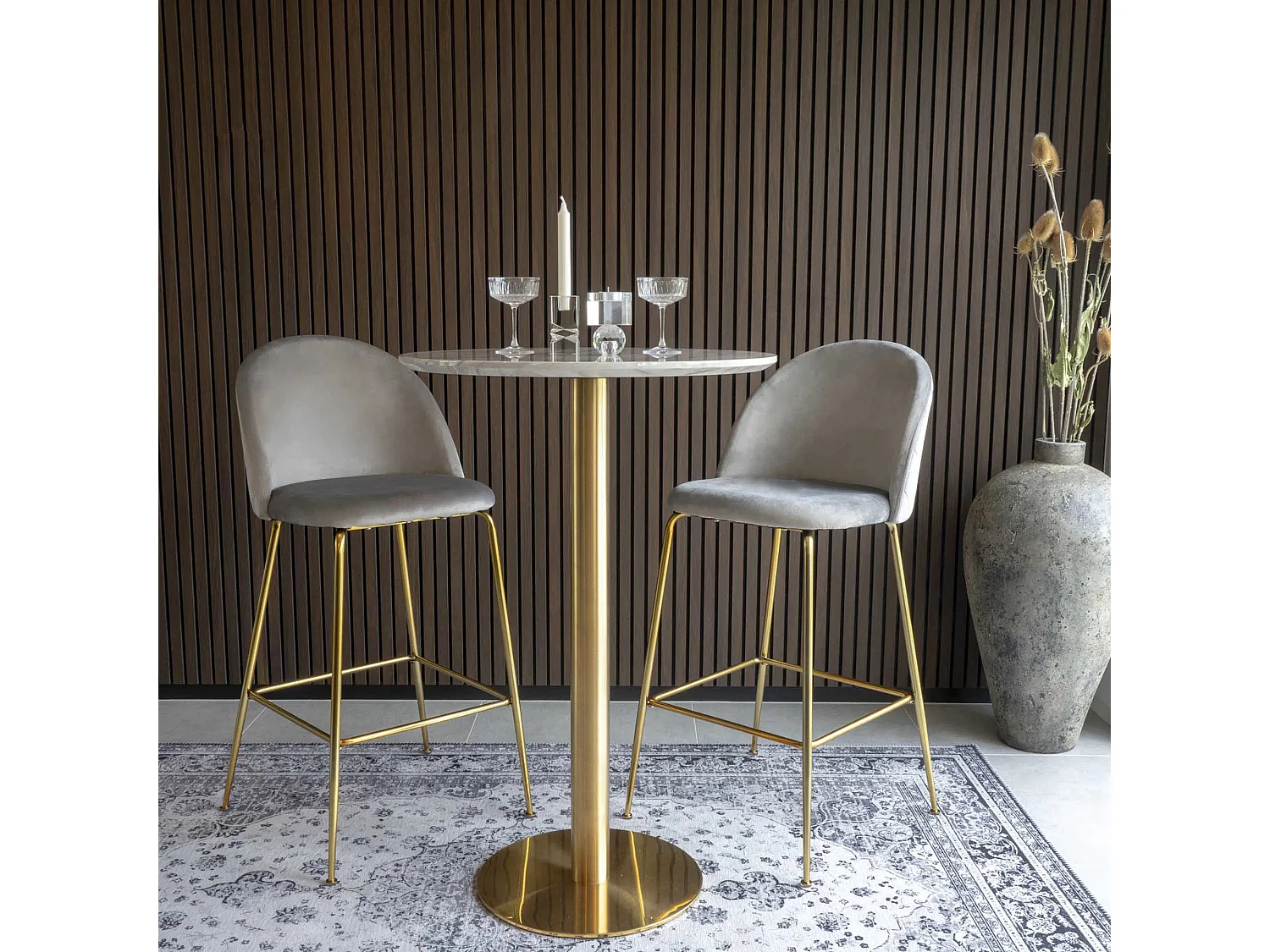 Mesa de bar redonda PIZA de 70 cm – Efecto mármol blanco y base de latón dorado