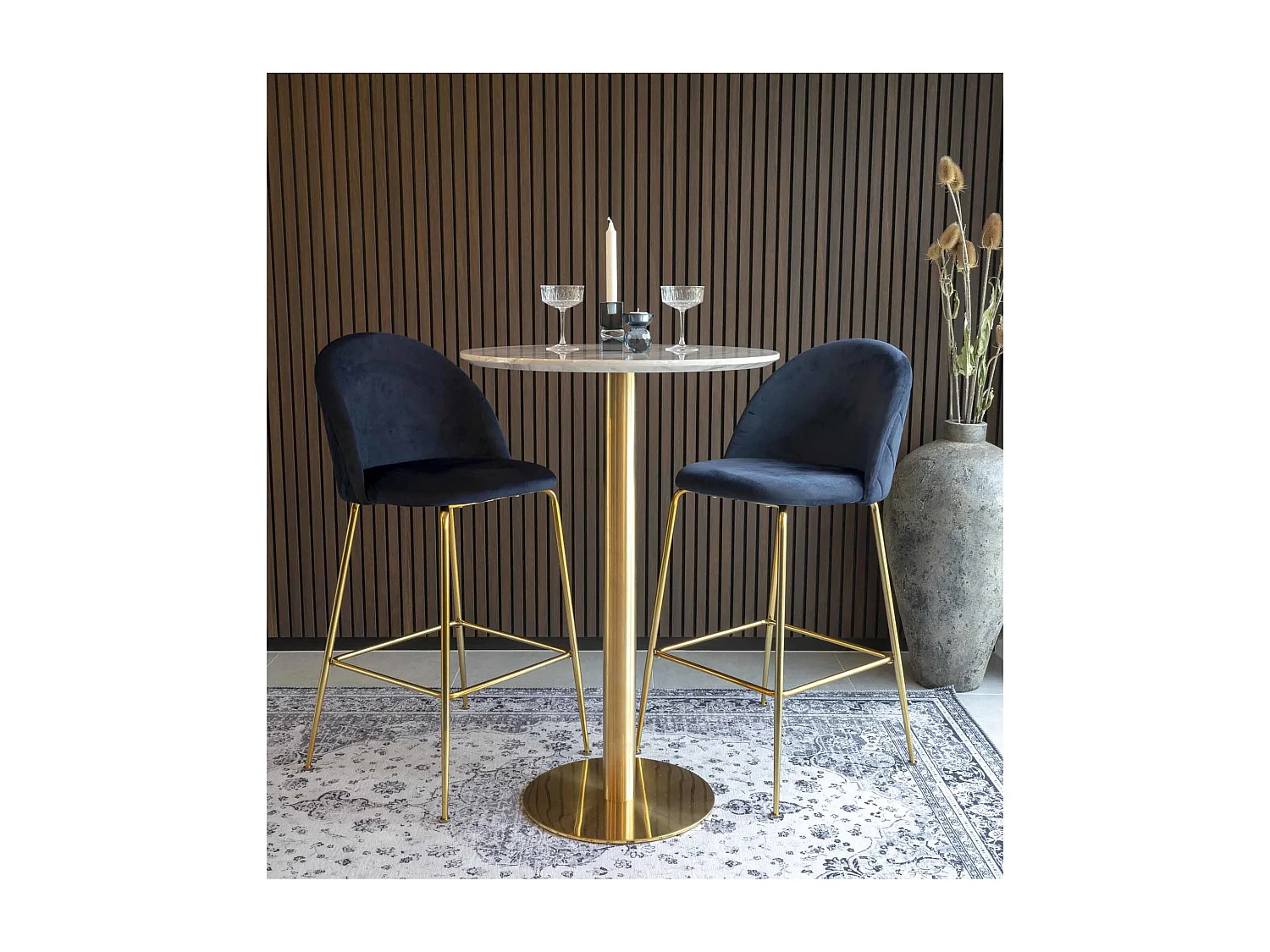 Mesa de bar redonda PIZA de 70 cm – Efecto mármol blanco y base de latón dorado