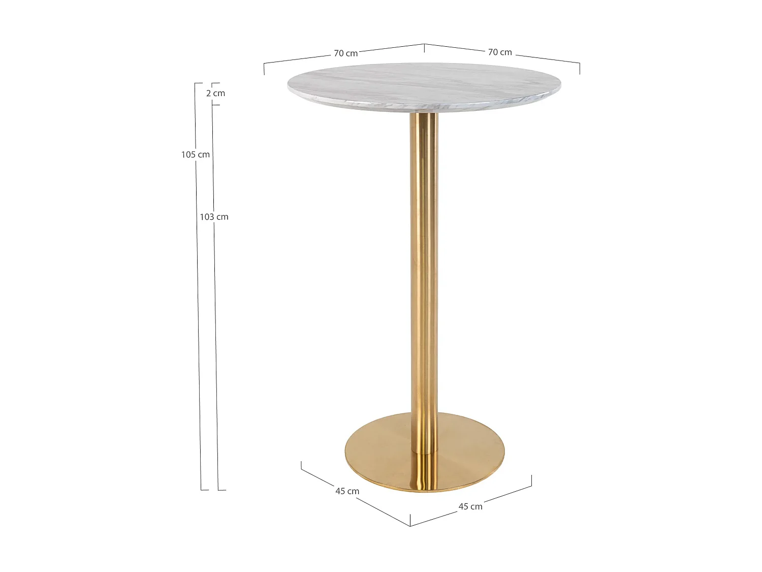 Mesa de bar redonda PIZA de 70 cm – Efecto mármol blanco y base de latón dorado