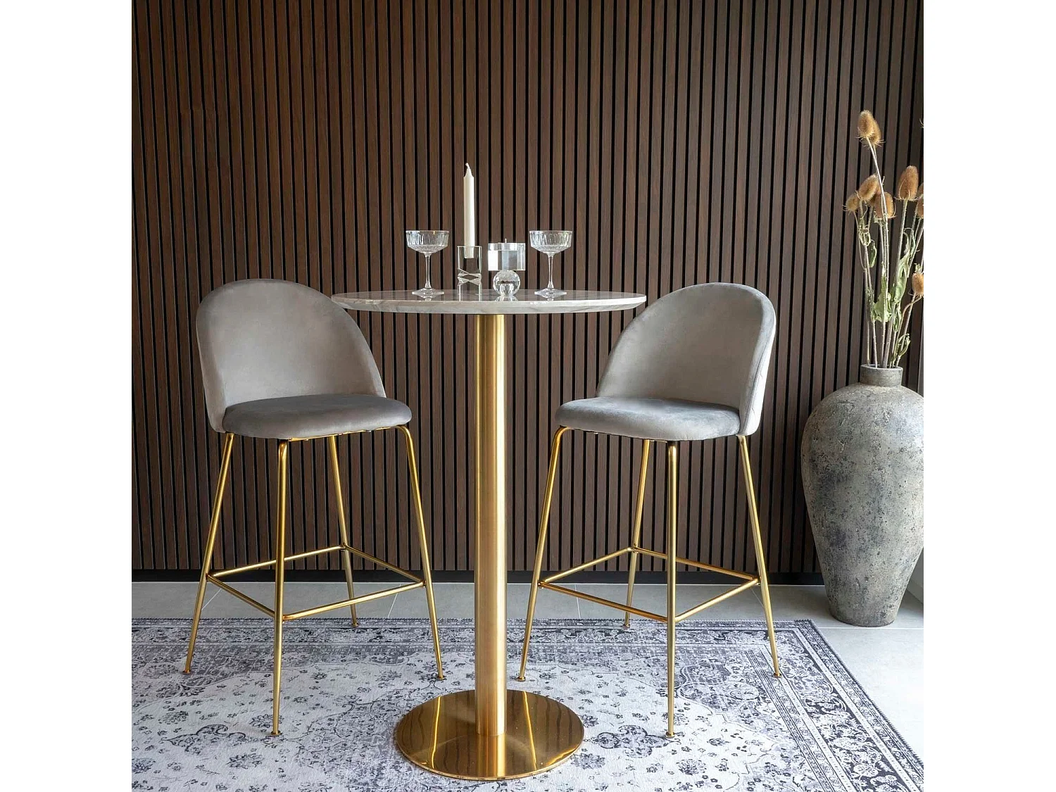 Mesa de bar redonda PIZA de 70 cm – Efecto mármol blanco y base de latón dorado