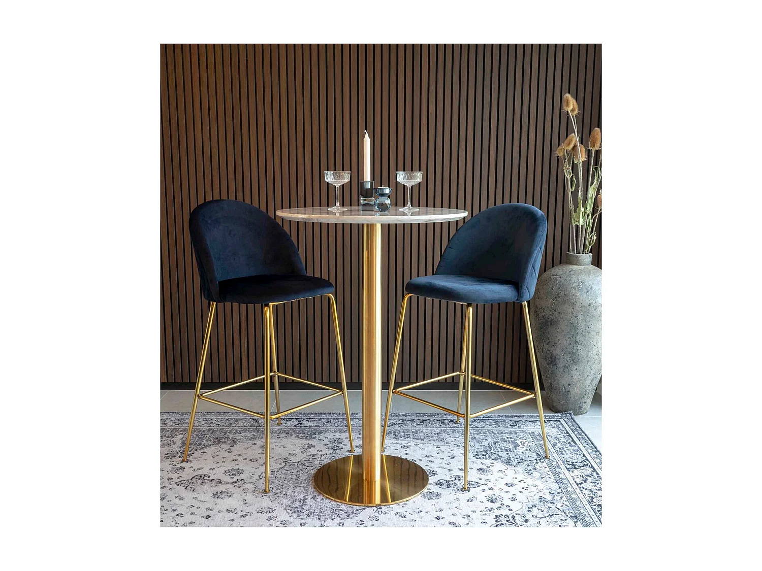 Mesa de bar redonda PIZA de 70 cm – Efecto mármol blanco y base de latón dorado