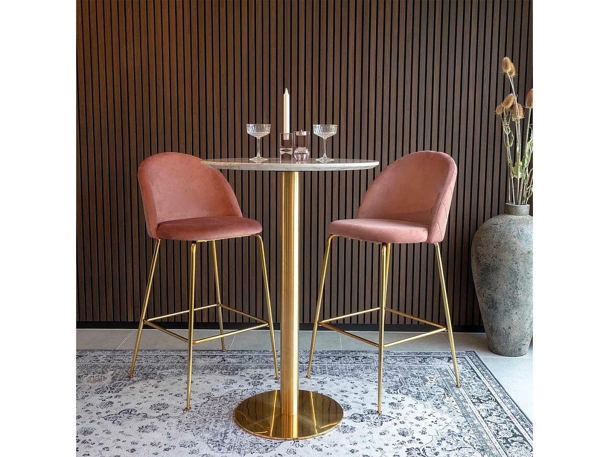 Mesa de bar redonda PIZA de 70 cm – Efecto mármol blanco y base de latón dorado