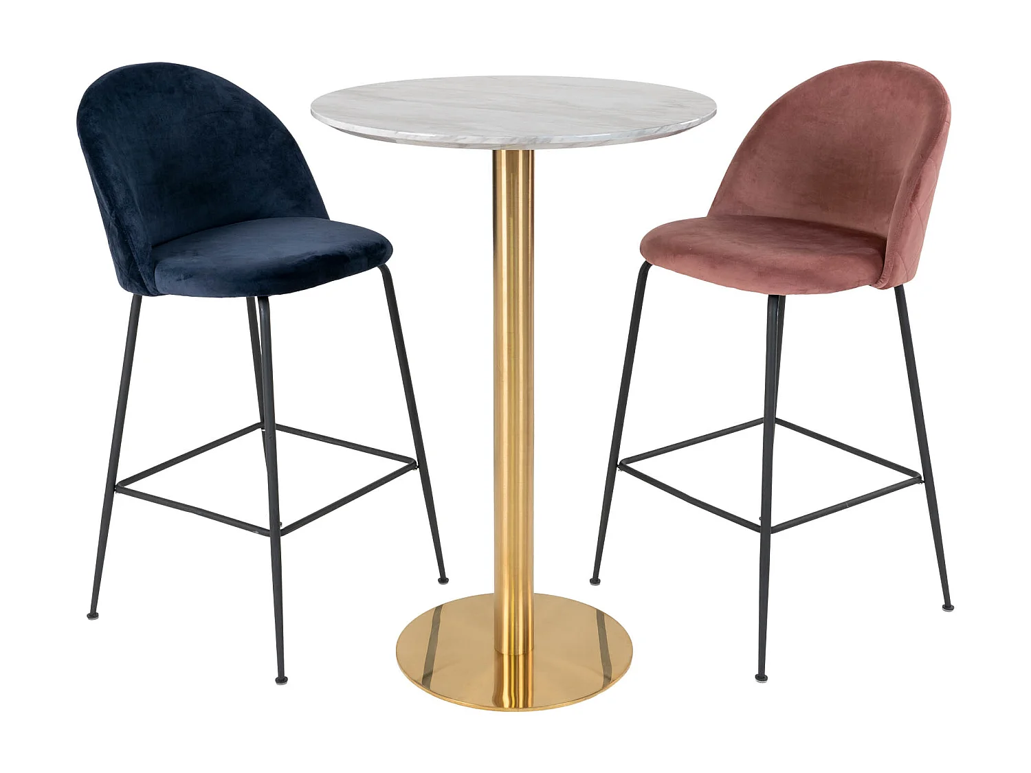 Bolzano Table de bar Ø70 cm aspect marbre, pieds en laiton, blanc.