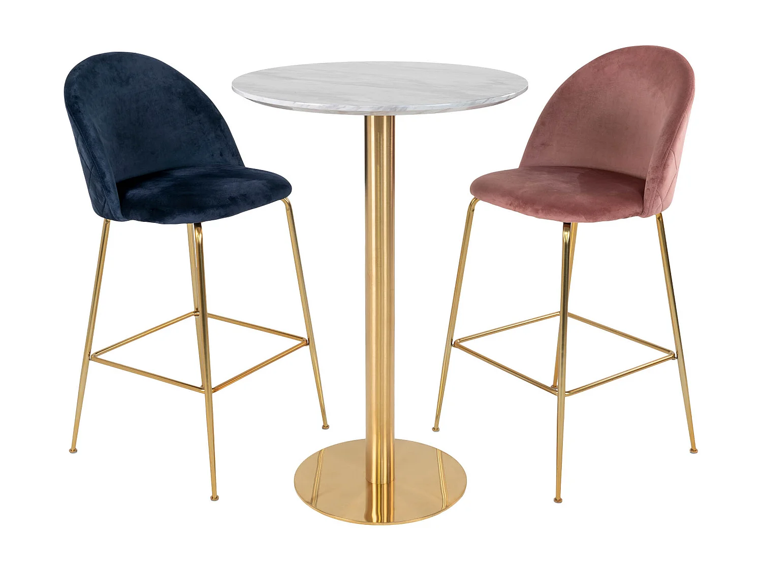 Bolzano Table de bar Ø70 cm aspect marbre, pieds en laiton, blanc.