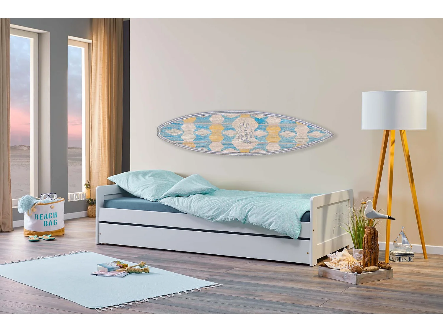 Surf Bett 90x200cm mit 1 ausziehbares Bett weiß.