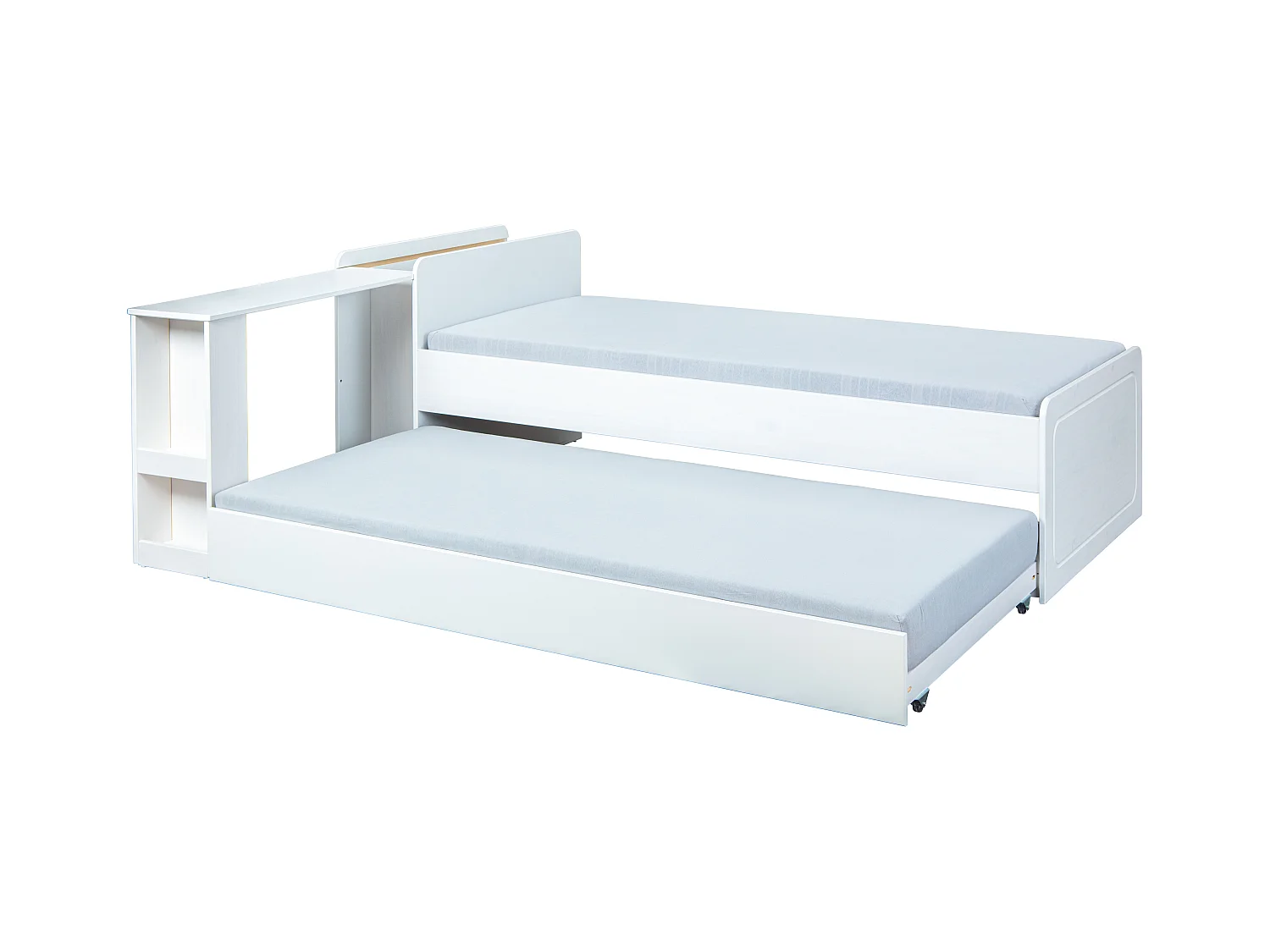 Negras bed en uitschuifbaar bed incl. 2 lattenbodems, 1 uitschuifbaar bureau met 2 vakken wit.