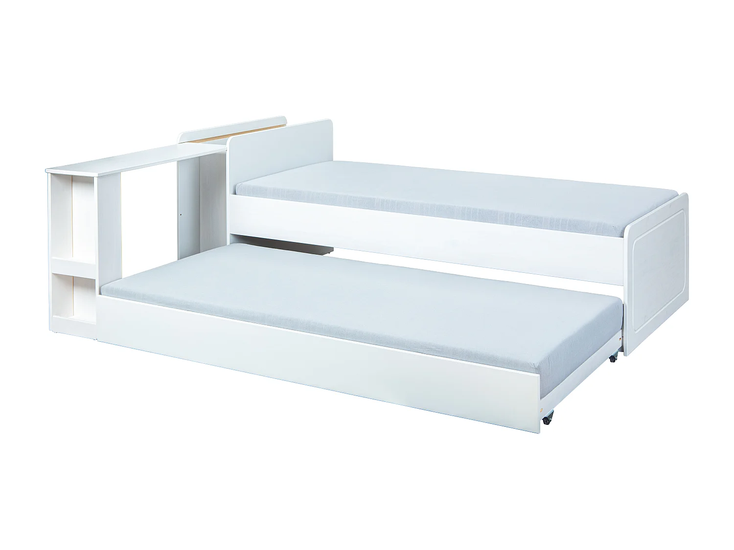 Negras bed en uitschuifbaar bed incl. 2 lattenbodems, 1 uitschuifbaar bureau met 2 vakken wit.