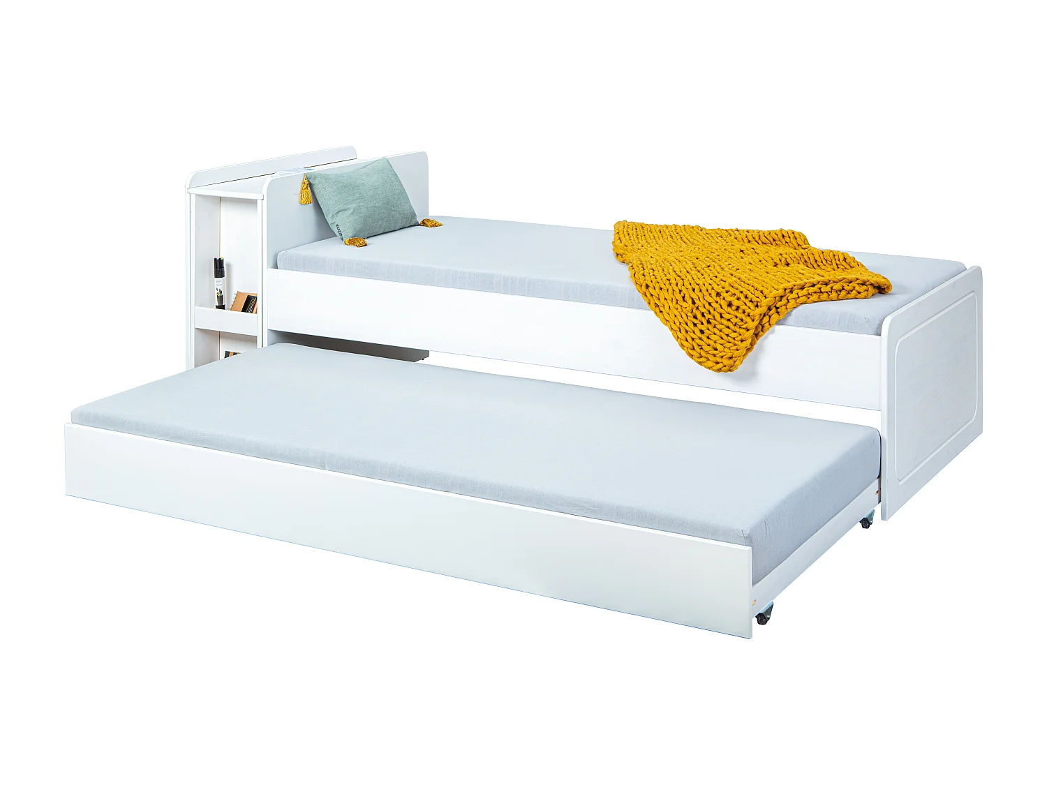 Negras bed en uitschuifbaar bed incl. 2 lattenbodems, 1 uitschuifbaar bureau met 2 vakken wit.