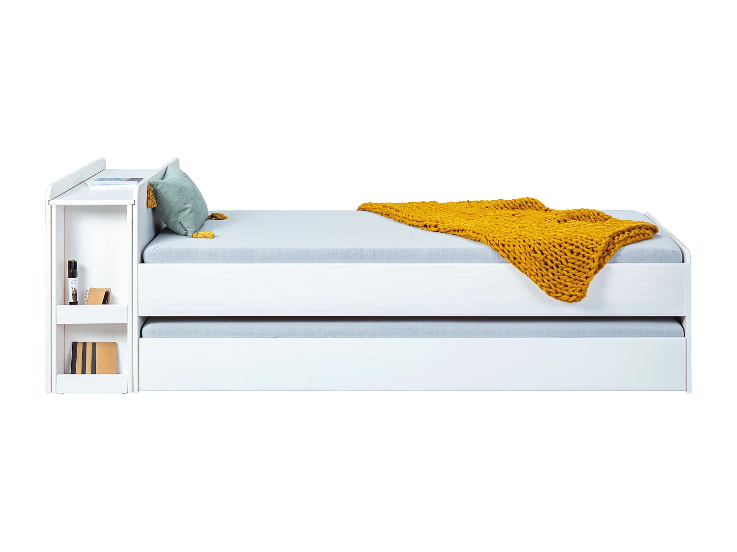 Negras bed en uitschuifbaar bed incl. 2 lattenbodems, 1 uitschuifbaar bureau met 2 vakken wit.