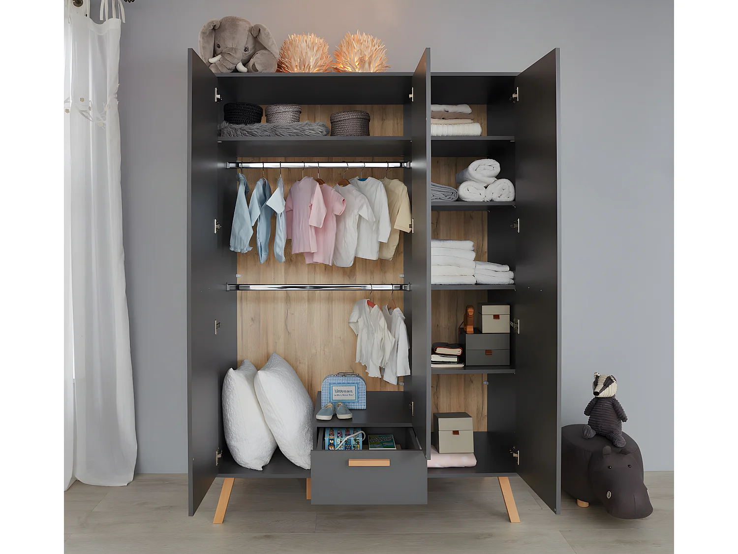 MatsBaby Armoire pour enfants 3 portes, 1 tiroir, gris.