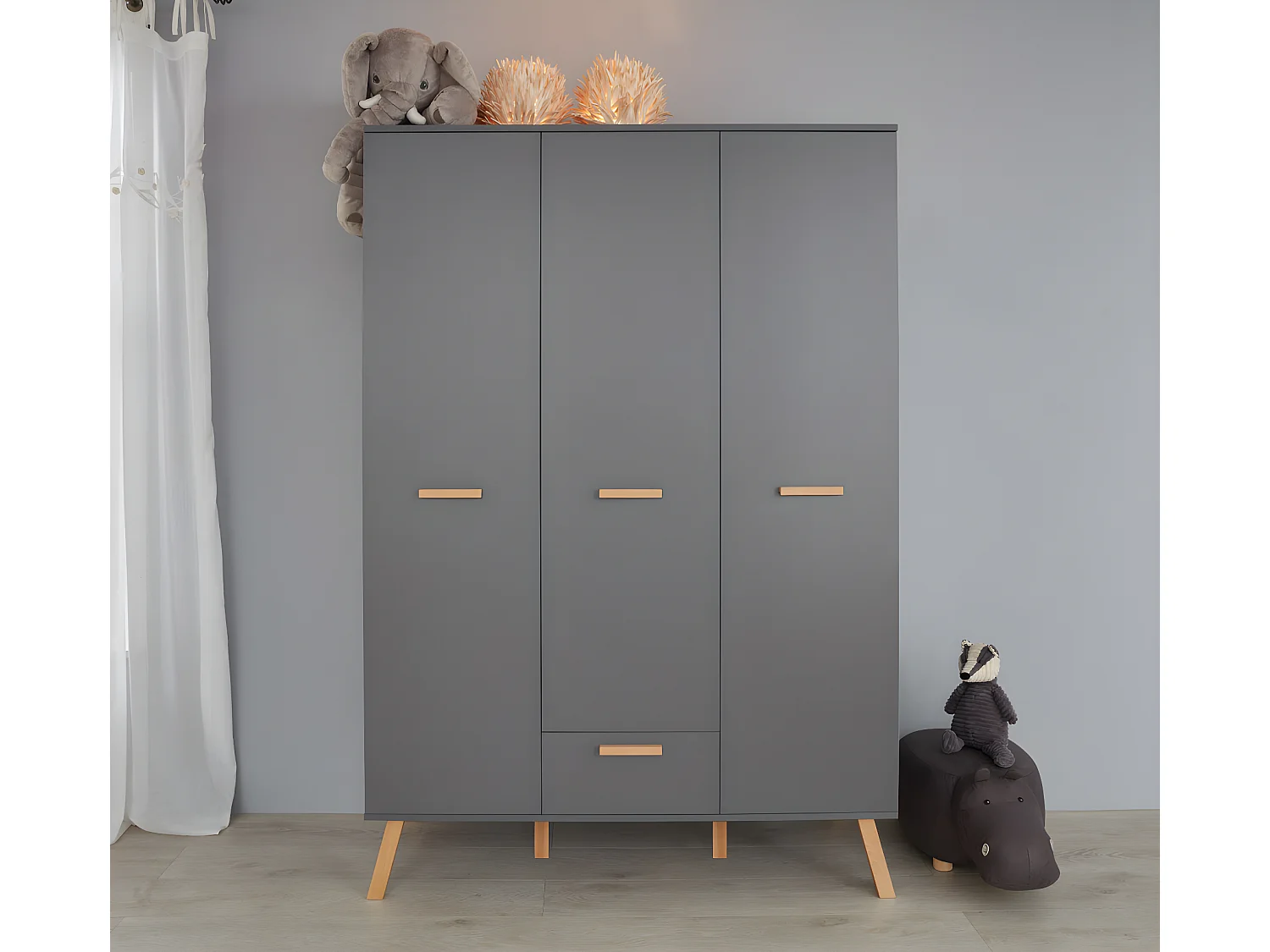 MatsBaby Armoire pour enfants 3 portes, 1 tiroir, gris.