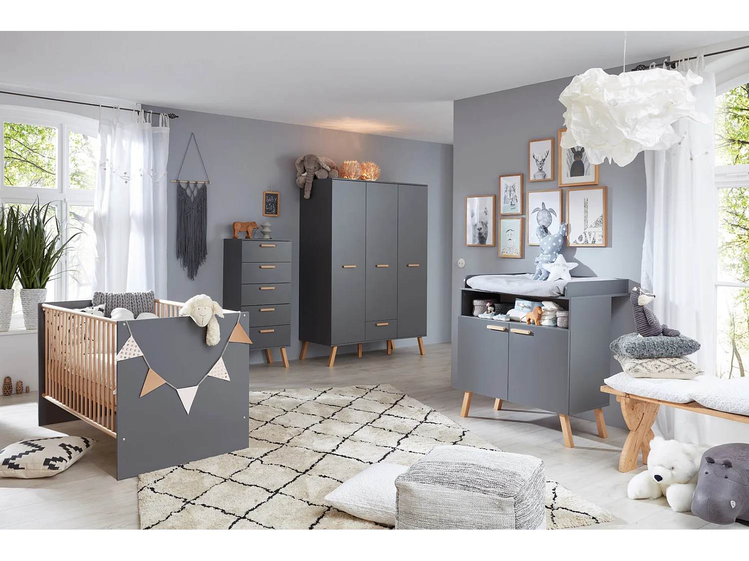 MatsBaby Armoire pour enfants 3 portes, 1 tiroir, gris.