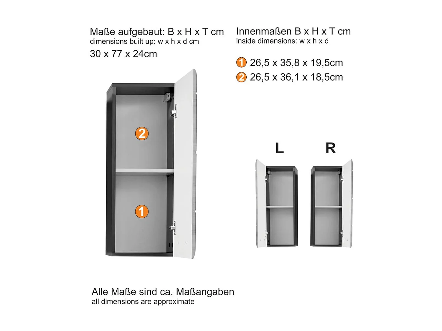 Kinzo wandkast 1 deur glanzend wit en asgrijs 2 deuren 1 lade 30 cm