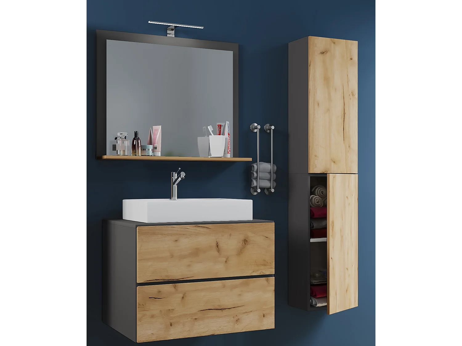 Bathroom furniture washbasin Lendas Anthracite / honey oak H. 150 x W. 93 x D. 51 cm
