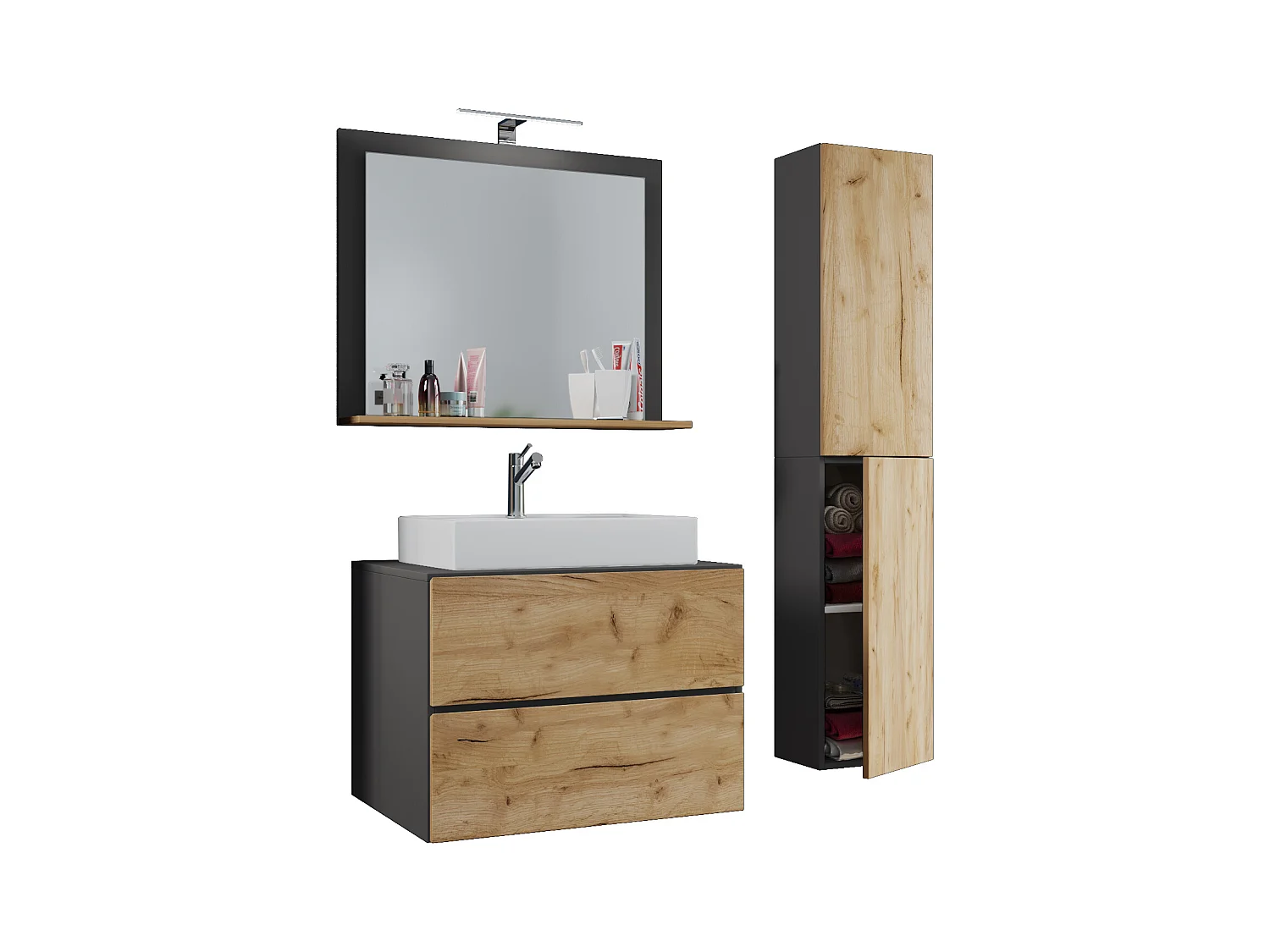 Bathroom furniture washbasin Lendas Anthracite / honey oak H. 150 x W. 93 x D. 51 cm