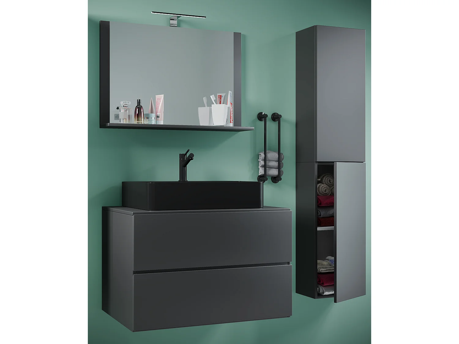 VCM 4 pcs Lavatório | lavatório inferior 80 cm | Mobiliário para casa de banho com gavetas espelho de portas giratórias | Lendas L (anthracite)