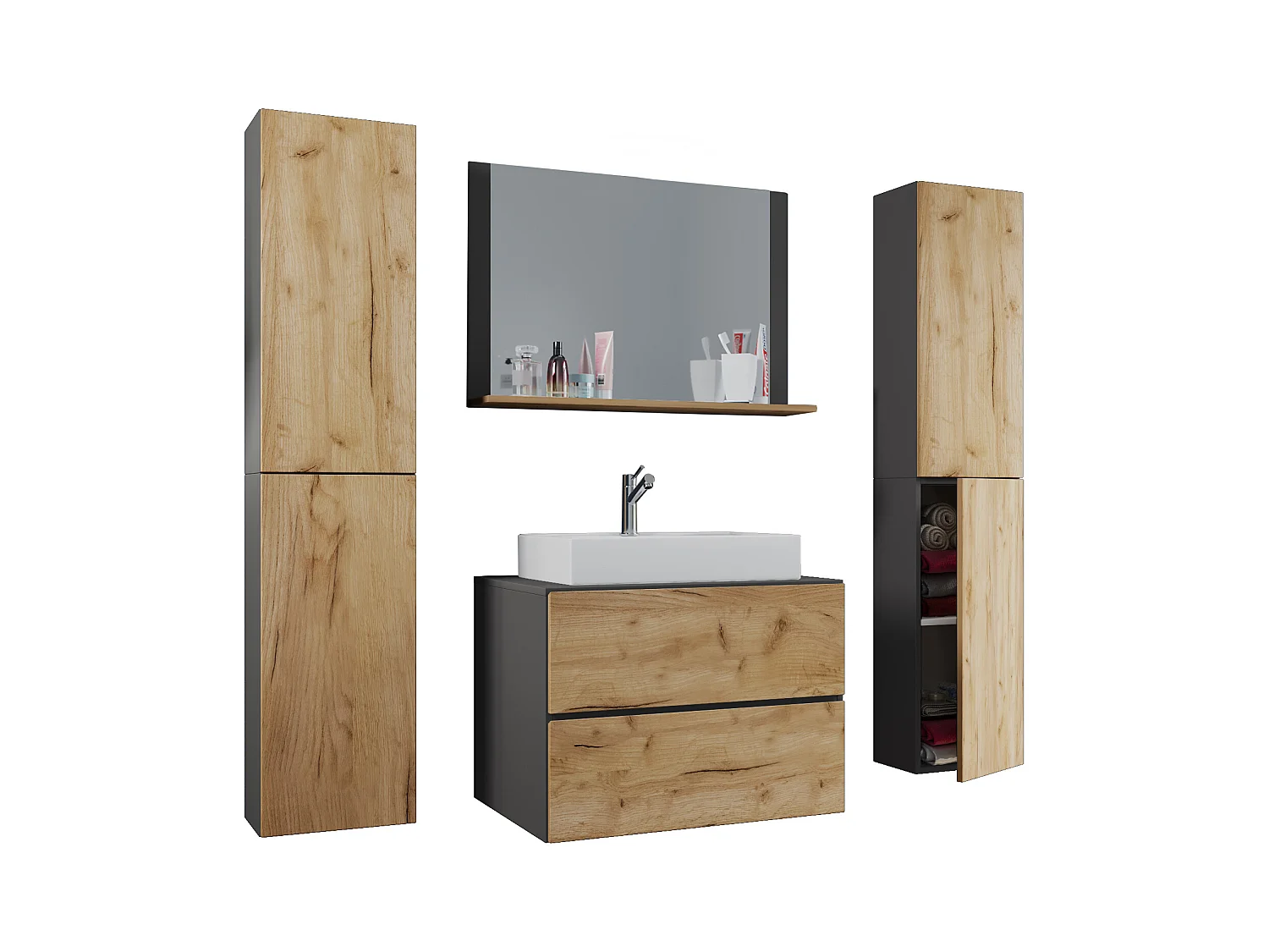 Bathroom furniture washbasin Lendas Anthracite / honey oak H. 150 x W. 126 x D. 51 cm
