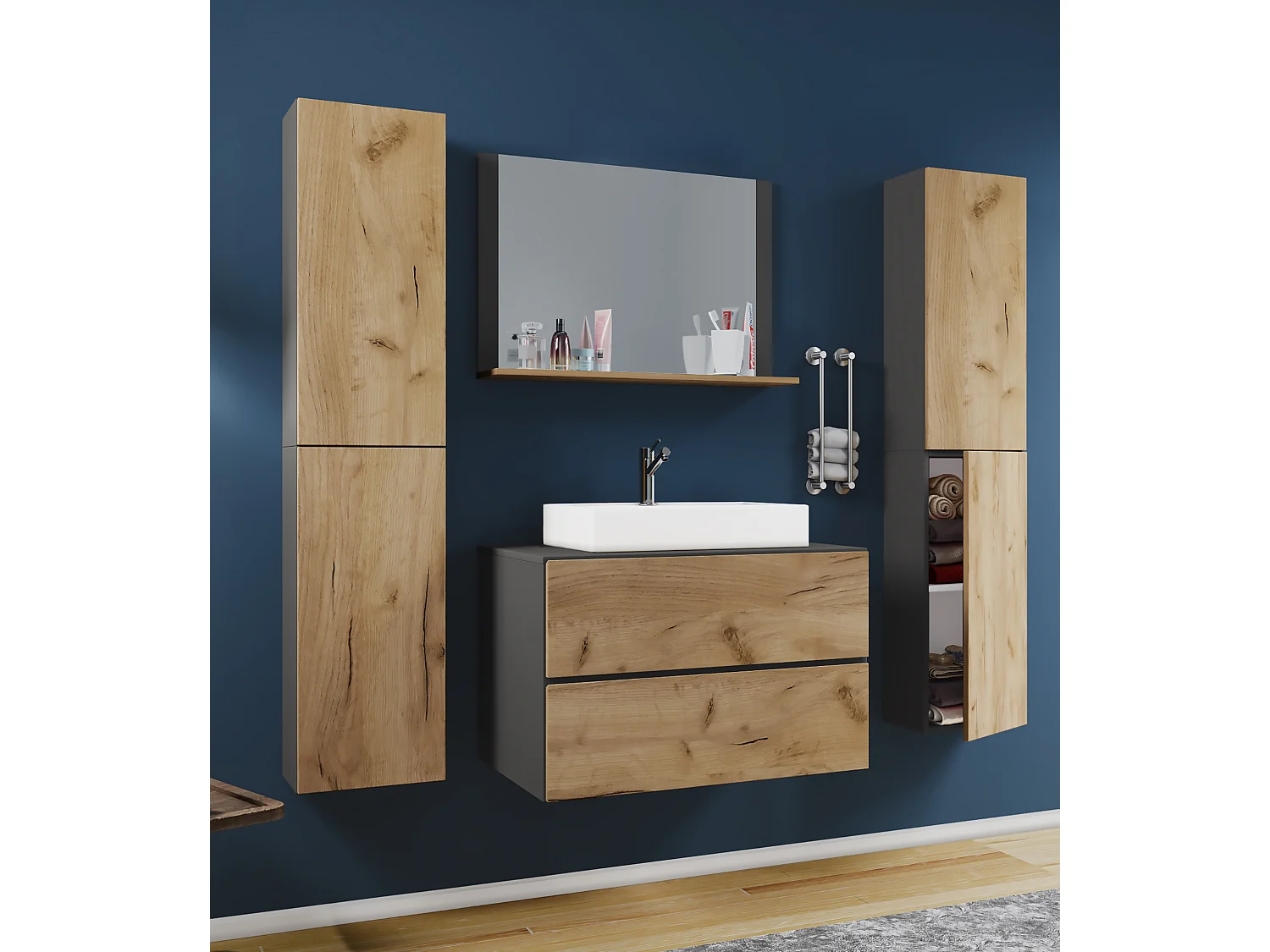 Bathroom furniture washbasin Lendas Anthracite / honey oak H. 150 x W. 126 x D. 51 cm