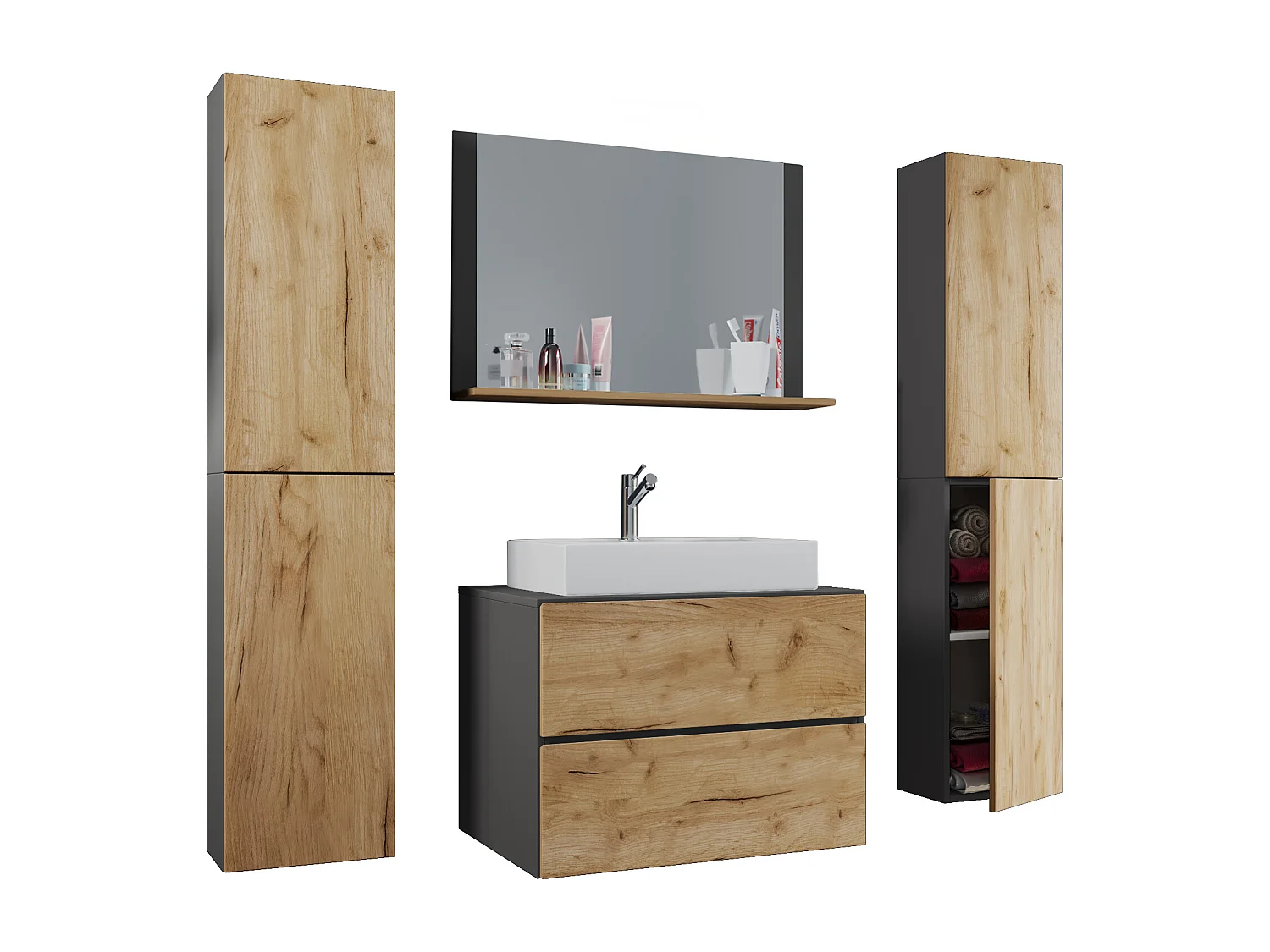 Bathroom furniture washbasin Lendas Anthracite / honey oak H. 150 x W. 126 x D. 51 cm