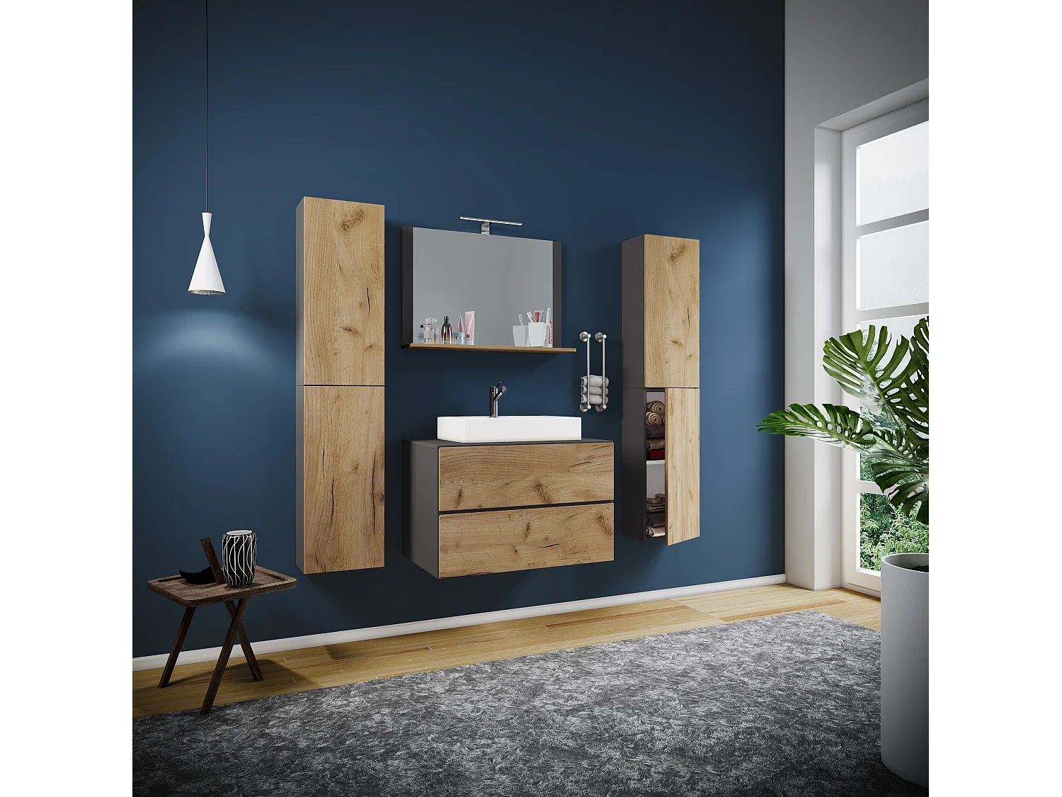 Bathroom furniture washbasin Lendas Anthracite / honey oak H. 150 x W. 126 x D. 51 cm