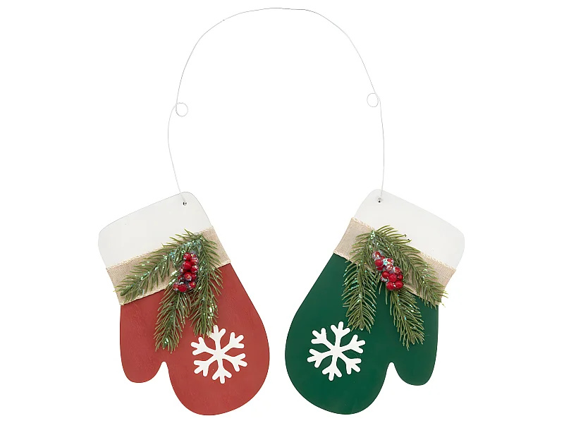 Suspension de Noël Paire de Moufles Rouge et Vert en Bois avec déco H 38 cm