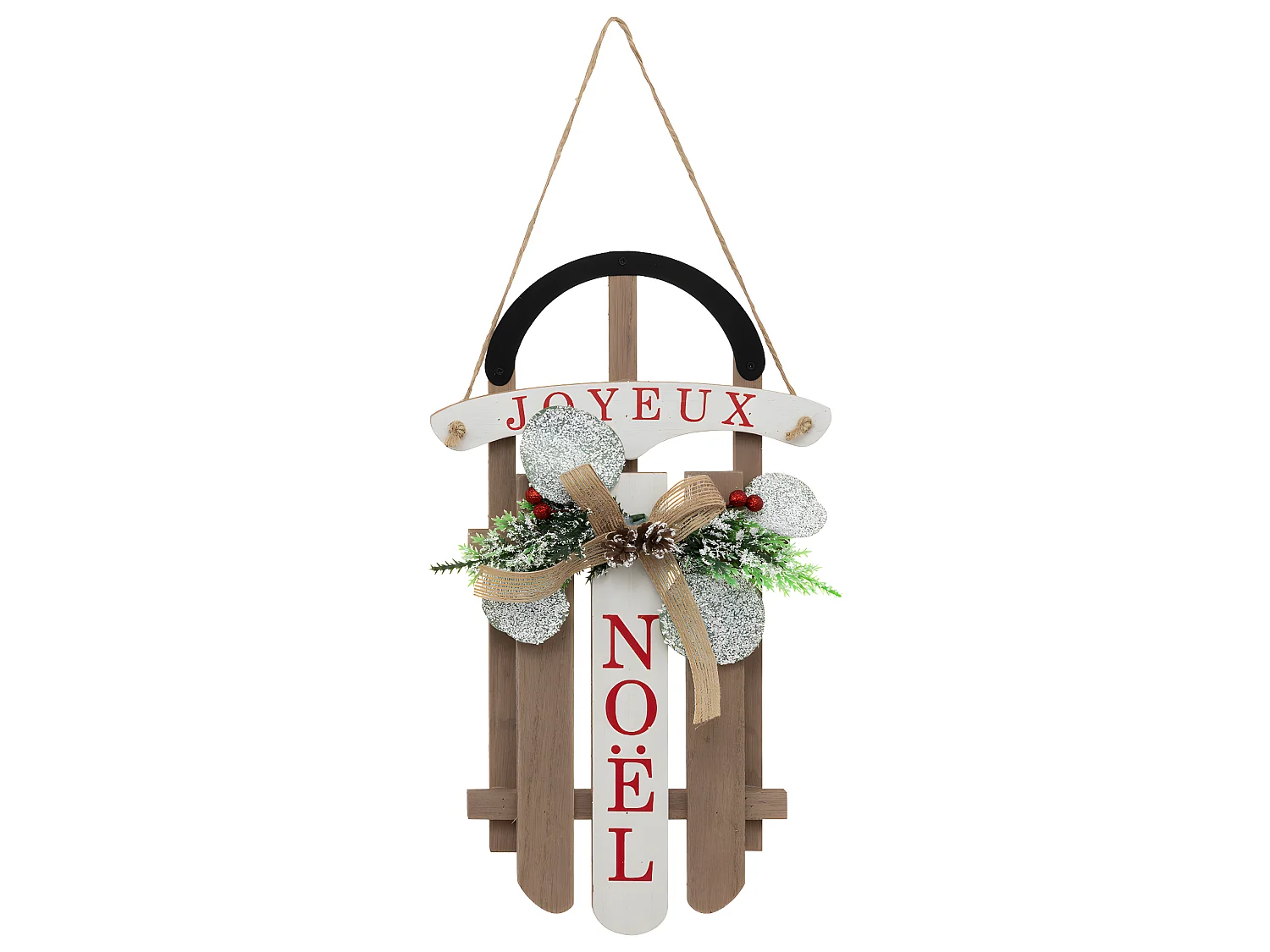 Suspension de Noël Luge en Bois avec déco H 35 cm