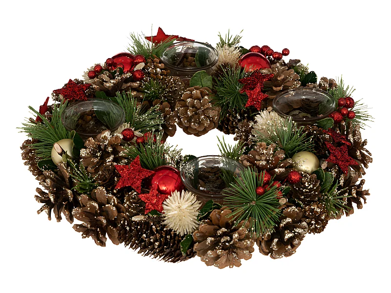 Bougeoir Centre de table Couronne en bois décoré Noël & 4 Photophores en verre