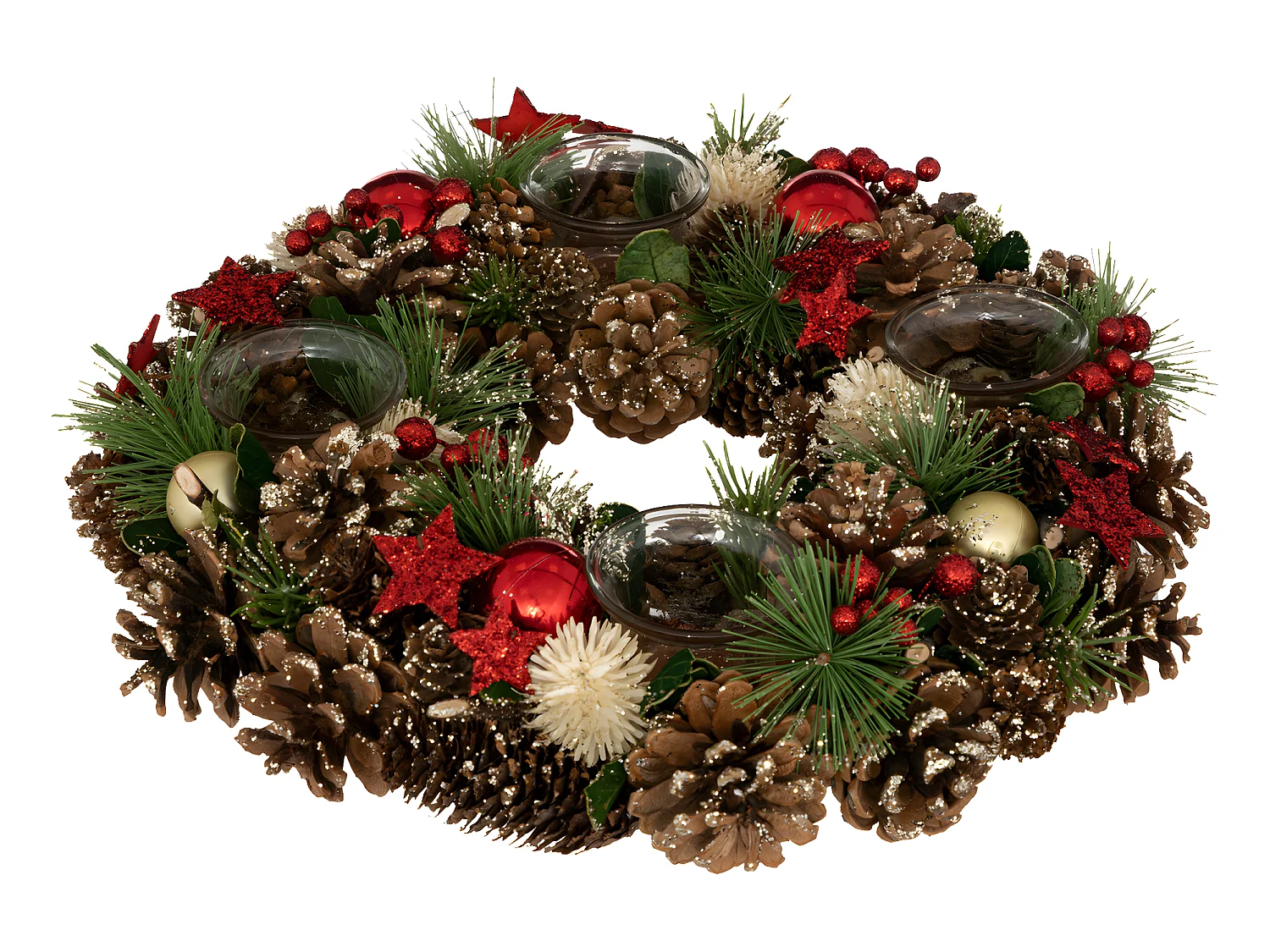 Bougeoir Centre de table Couronne en bois décoré Noël & 4 Photophores en verre