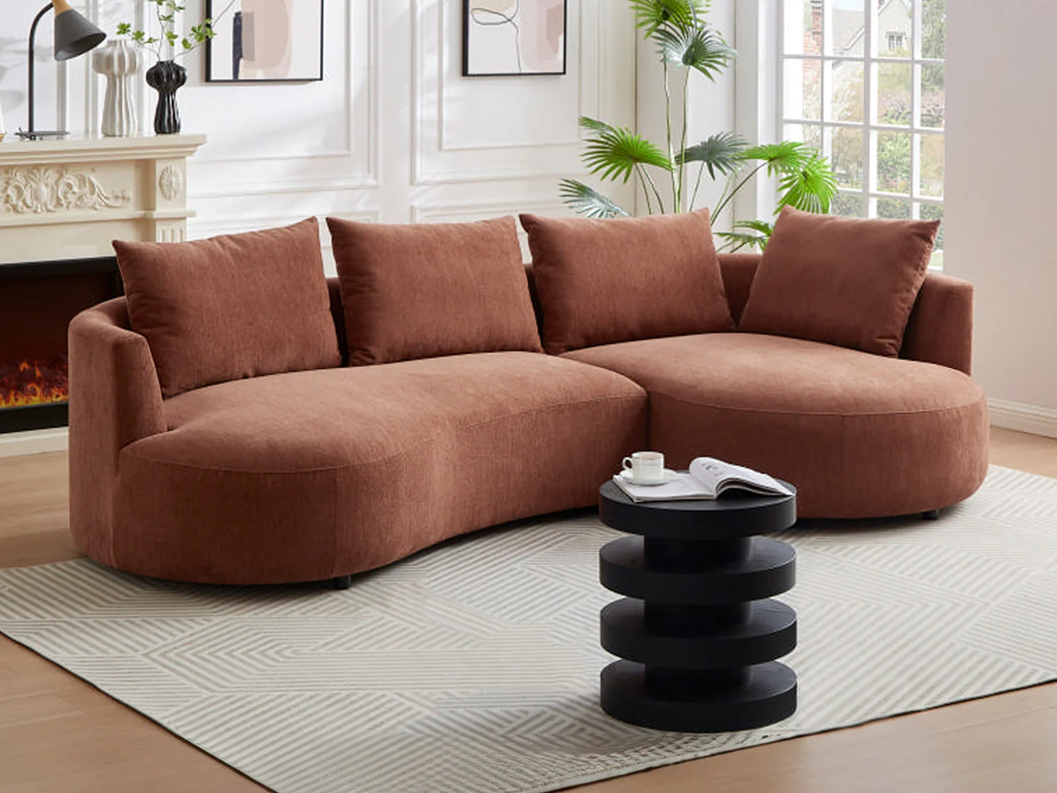 Canapé d'angle droit en velours texturé terracotta LOUSADO