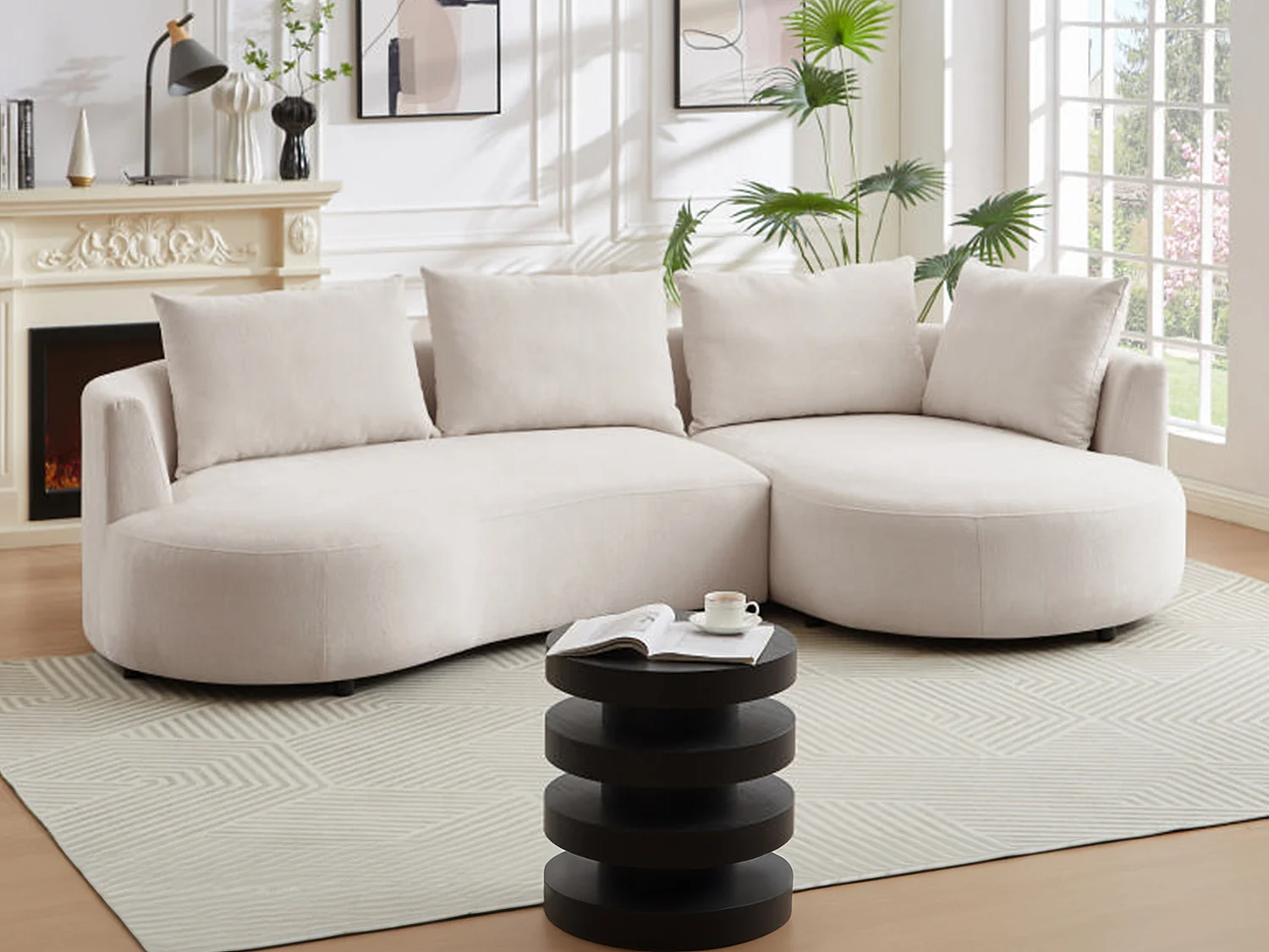 Canapé d'angle droit en velours texturé beige LOUSADO