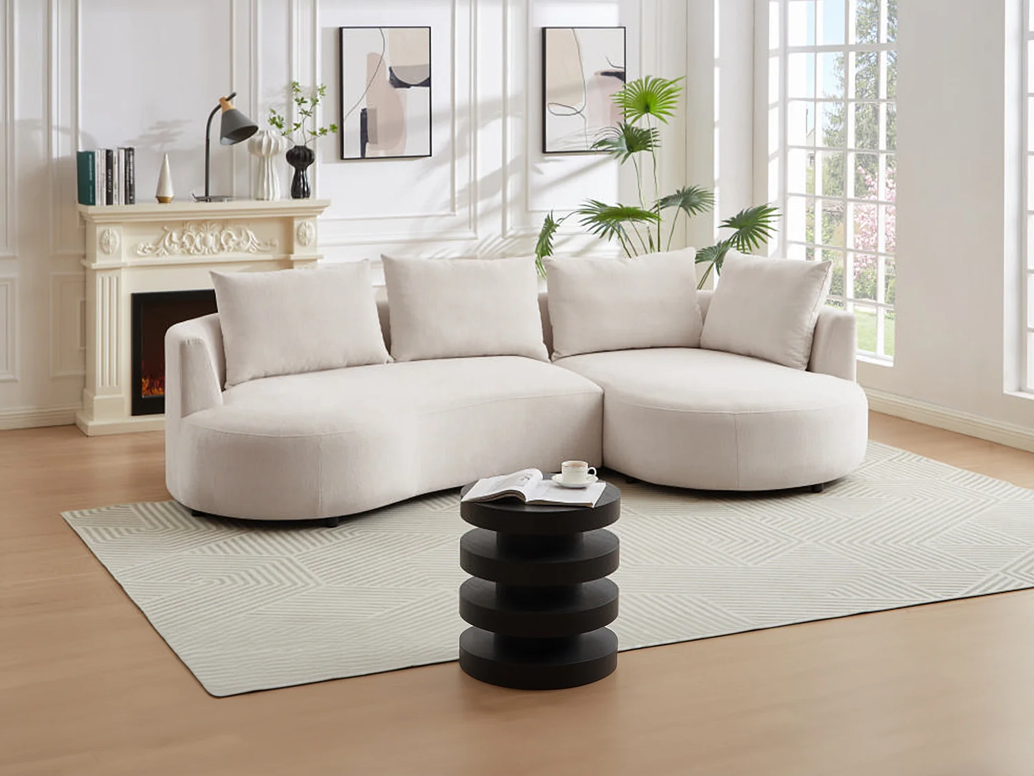 Hoekbank met hoek rechts van beige velours met textuur LOUSADO