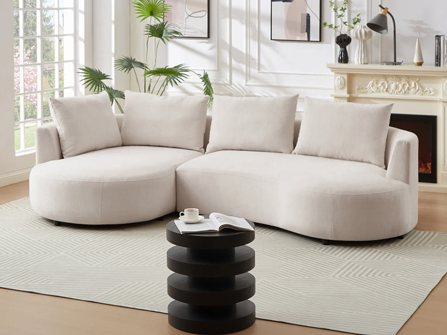Canapé d'angle gauche en velours texturé beige LOUSADO