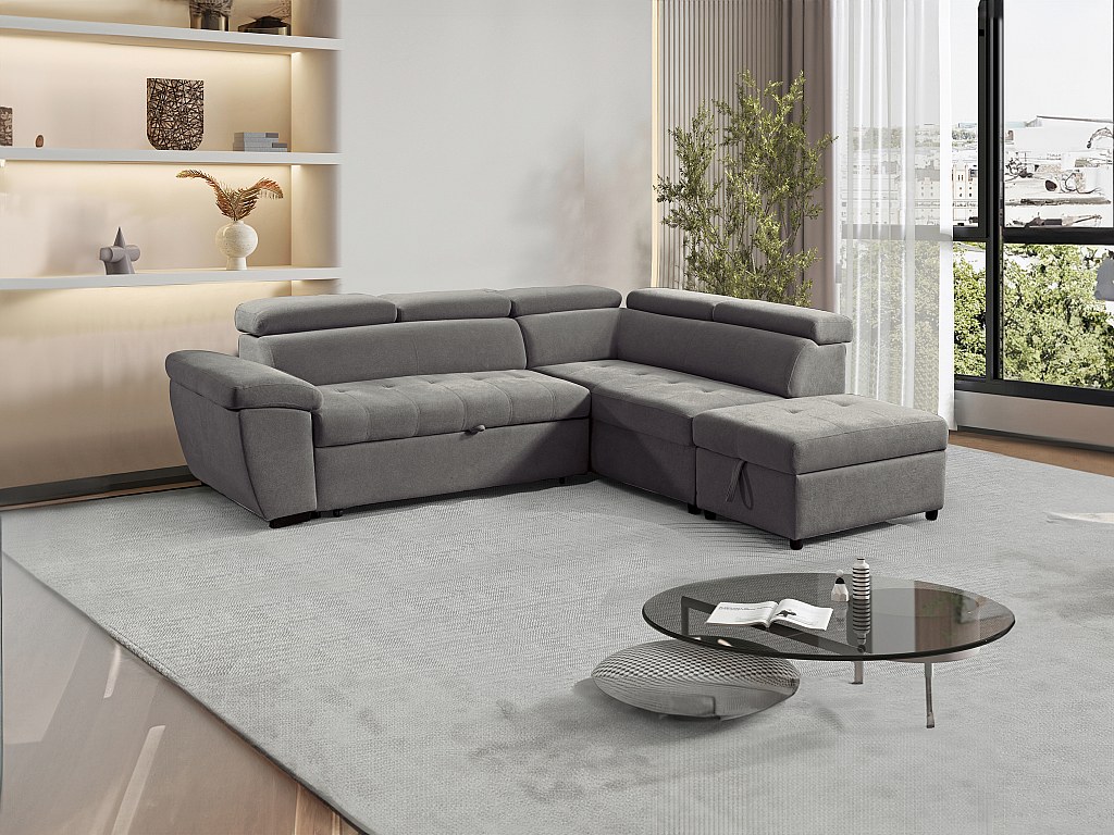 Ecksofa mit Schlaffunktion - Ecke rechts - Strukturstoff - Grau - VALDERAS