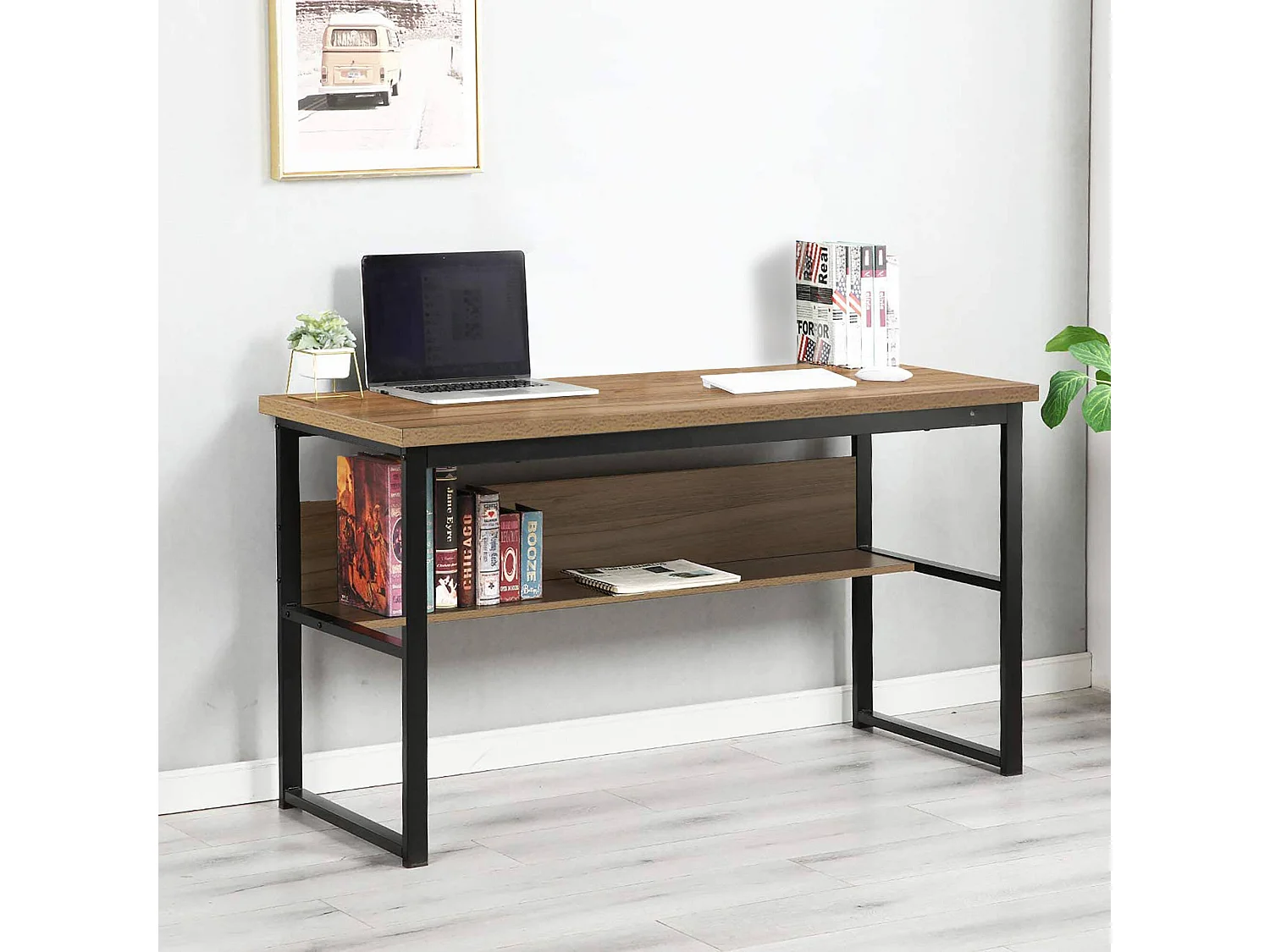 Bureau Dmusell, Bureau linéaire, Bureau polyvalent, Bureau fixe peu encombrant, 55x139h74 cm, Noir et Chêne