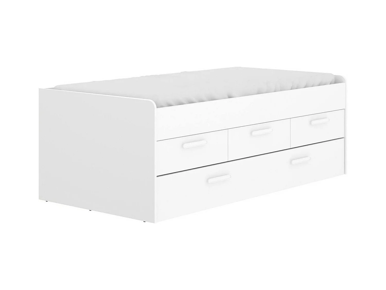 Lit enfant Daaron, Structure avec deuxième lit extractible, Lit simple pour chambre avec 3 tiroirs, 194x95h68 cm, Blanc
