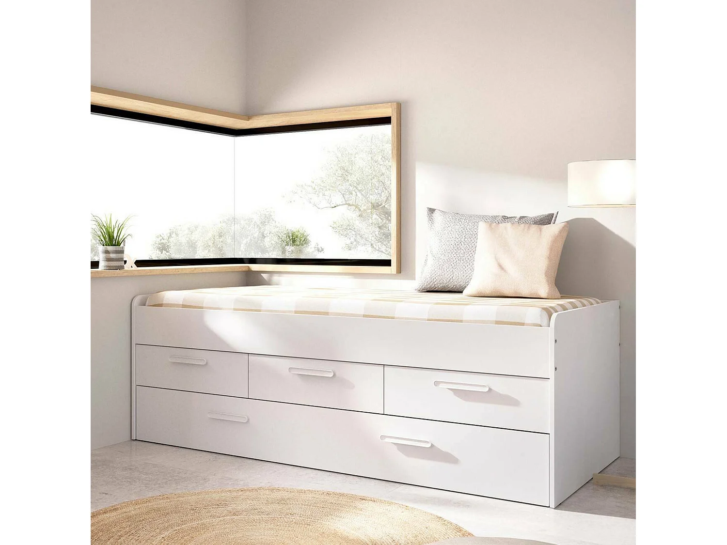 Lit enfant Daaron, Structure avec deuxième lit extractible, Lit simple pour chambre avec 3 tiroirs, 194x95h68 cm, Blanc