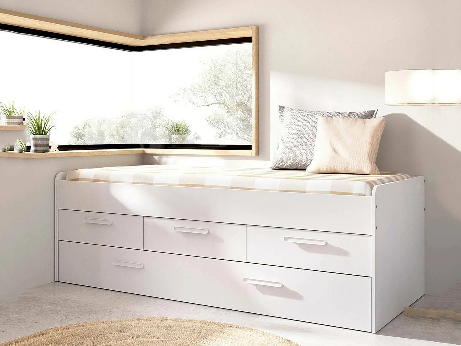 Daaron kinderbed, Structuur met tweede uitschuifbaar bed, Eenpersoonsbed voor slaapkamer met 3 laden, 194x95h68 cm, Wit