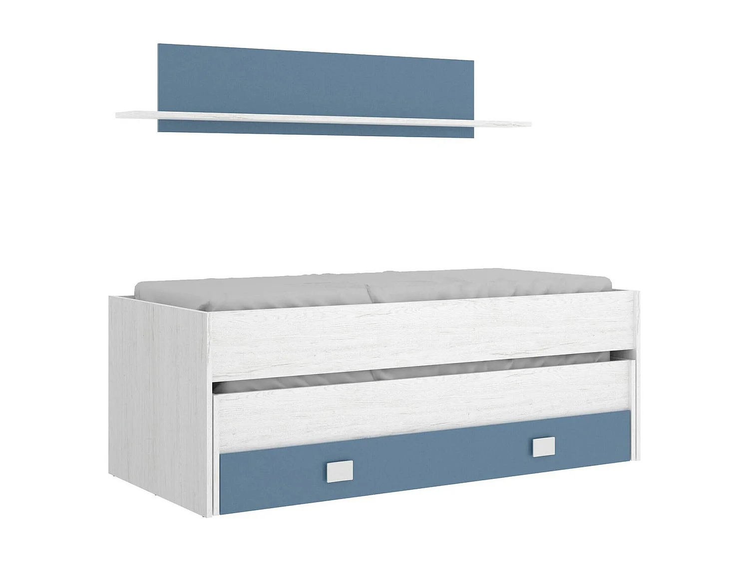 Lit enfant Dlicat, Structure avec deuxième lit extractible, Lit simple pour chambre avec 1 tiroir et étagère, 200x99h74 cm, Blanc et Bleu