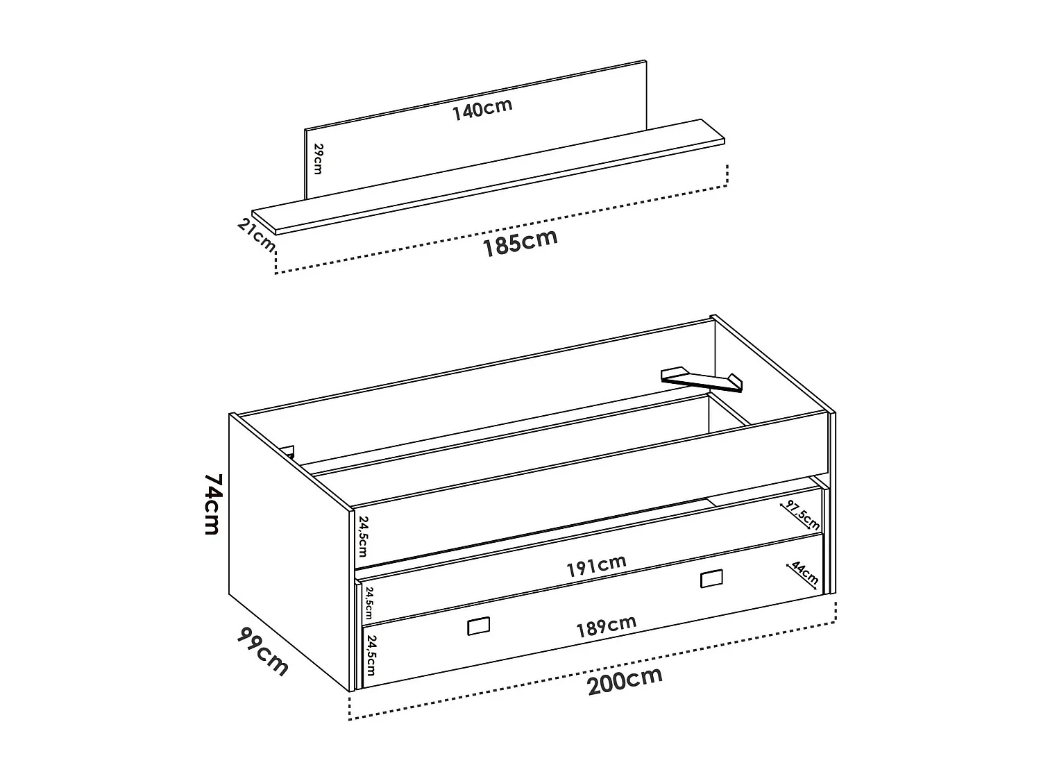 Lit enfant Dlicat, Structure avec deuxième lit extractible, Lit simple pour chambre avec 1 tiroir et étagère, 200x99h74 cm, Blanc et Bleu